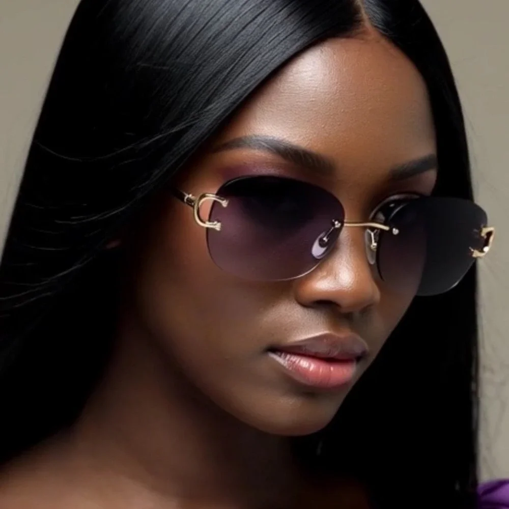 Classic Elegant Modern Sophisticated SUNGLASSES Rimless Gold Frame Black Lens‎